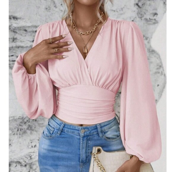 Pink V-Neck Long Lantern Sleeve Ruched Top Shirt Blouse - Picture 1 of 7